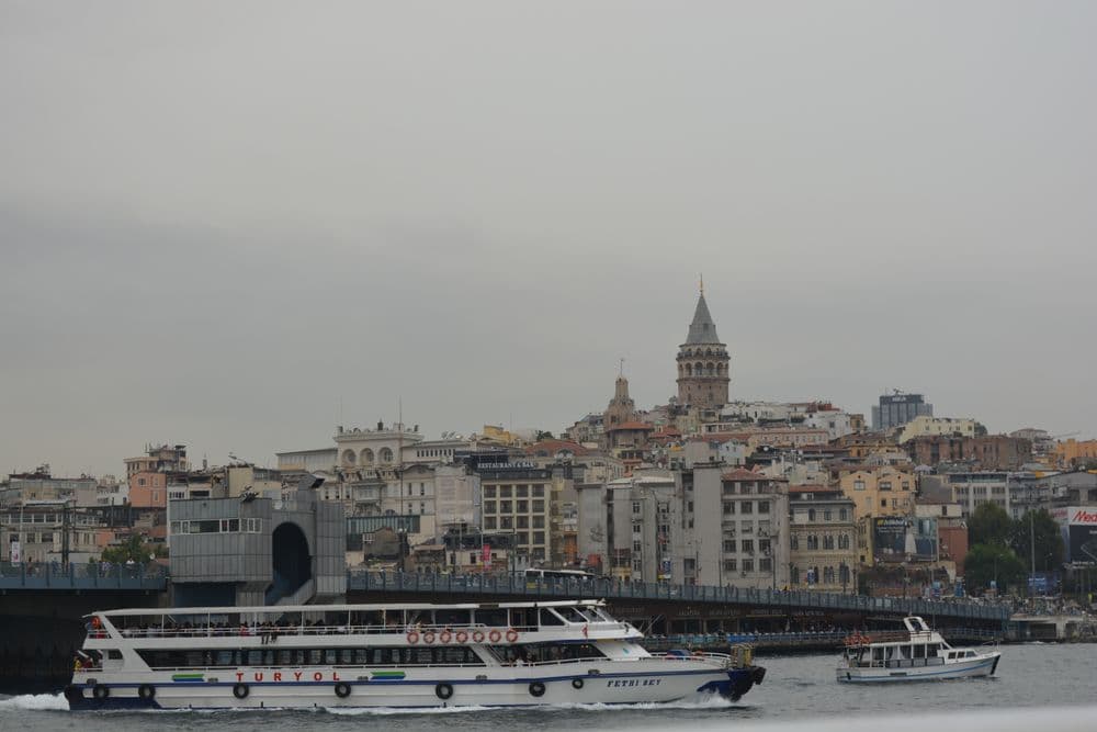 Galata Tower and a ferry on the Bosphorus, Istanbul